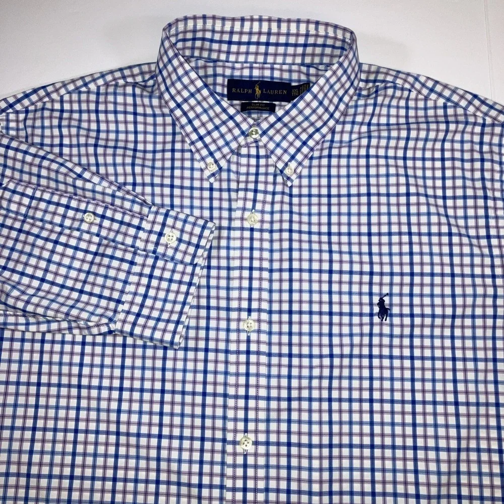Polo Ralph Lauren Shirt Mens 2XL Slim Fit Performance Stretch Blue‎ Pink Check